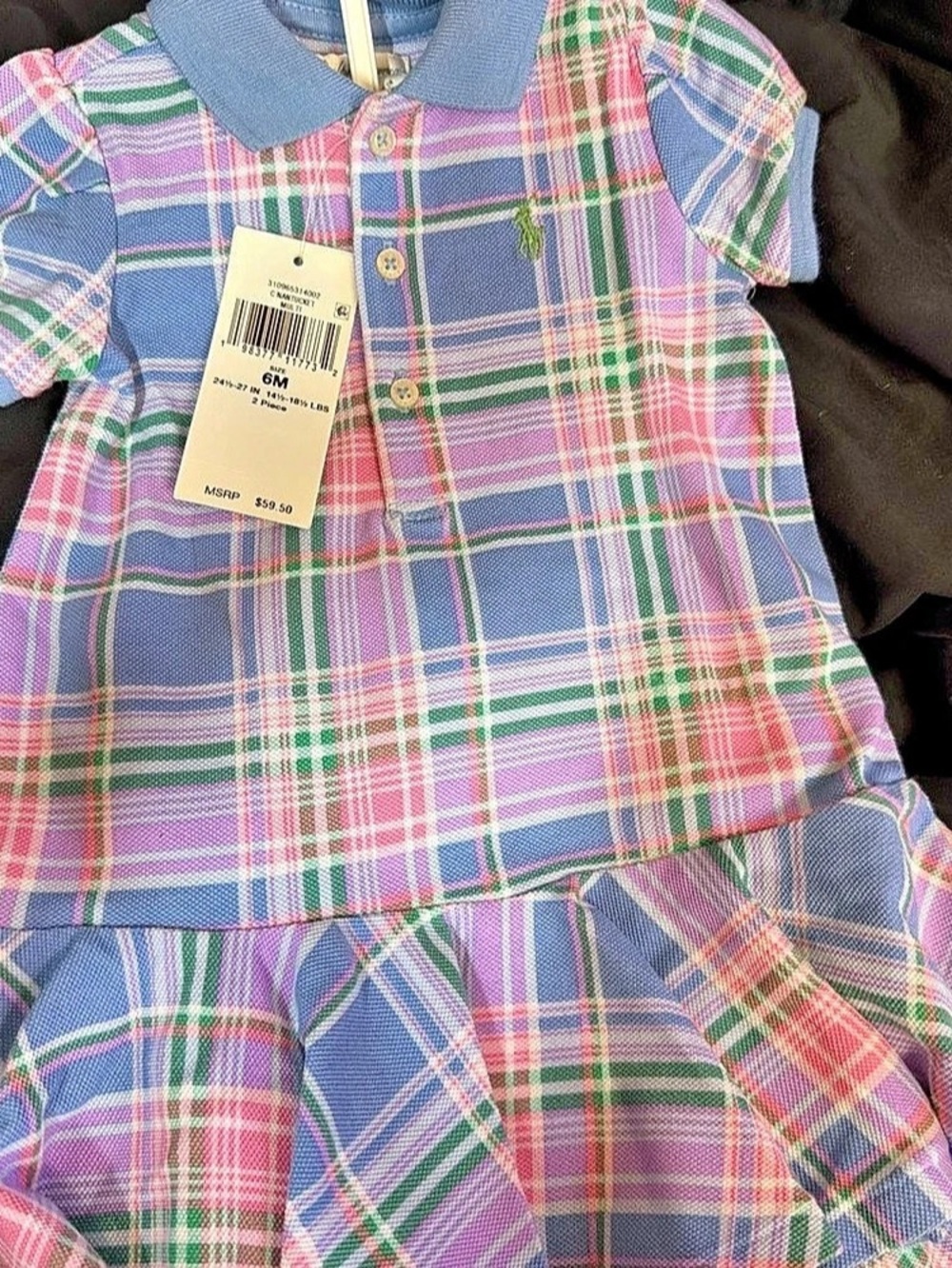 Ralph Lauren Plaid Cotton Mesh Polo Dress & Bloomer Set Plaid Polo Dress in Blue